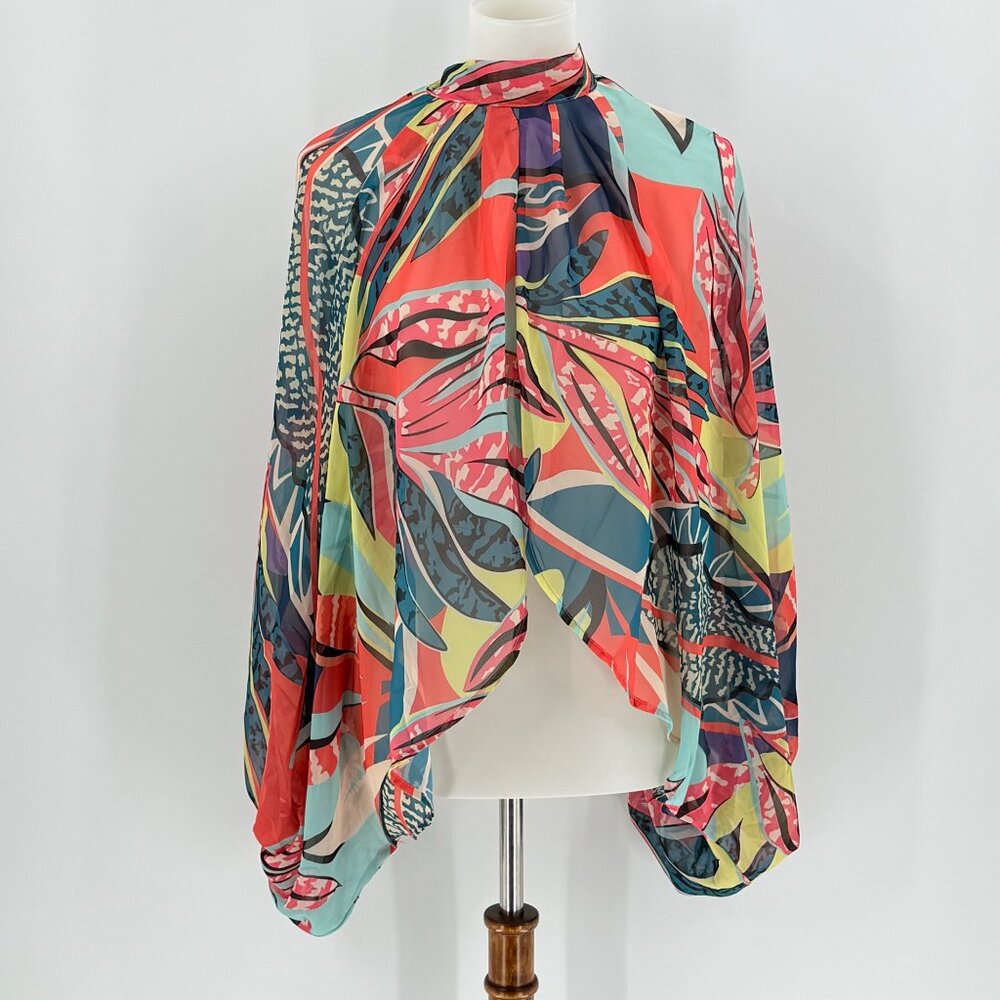 Multicolor Sheer Chiffon Floral Cape Top With Tie-Neck Detail